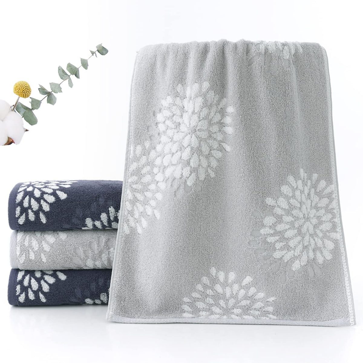 Pidada Hand Towels Set of 4 Hydrangea Floral Pattern 100% Cotton Absorbent Soft Decorative Towel for Bathroom Light Grey & Denim Blue