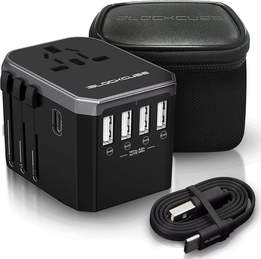 iBlockCube? Universal Travel AC Power Plug Adapter with International Socket | 4 USB 5.6A + 1 Type-C 3.0A Smart Ports Work for US EU AU UK up to 150+