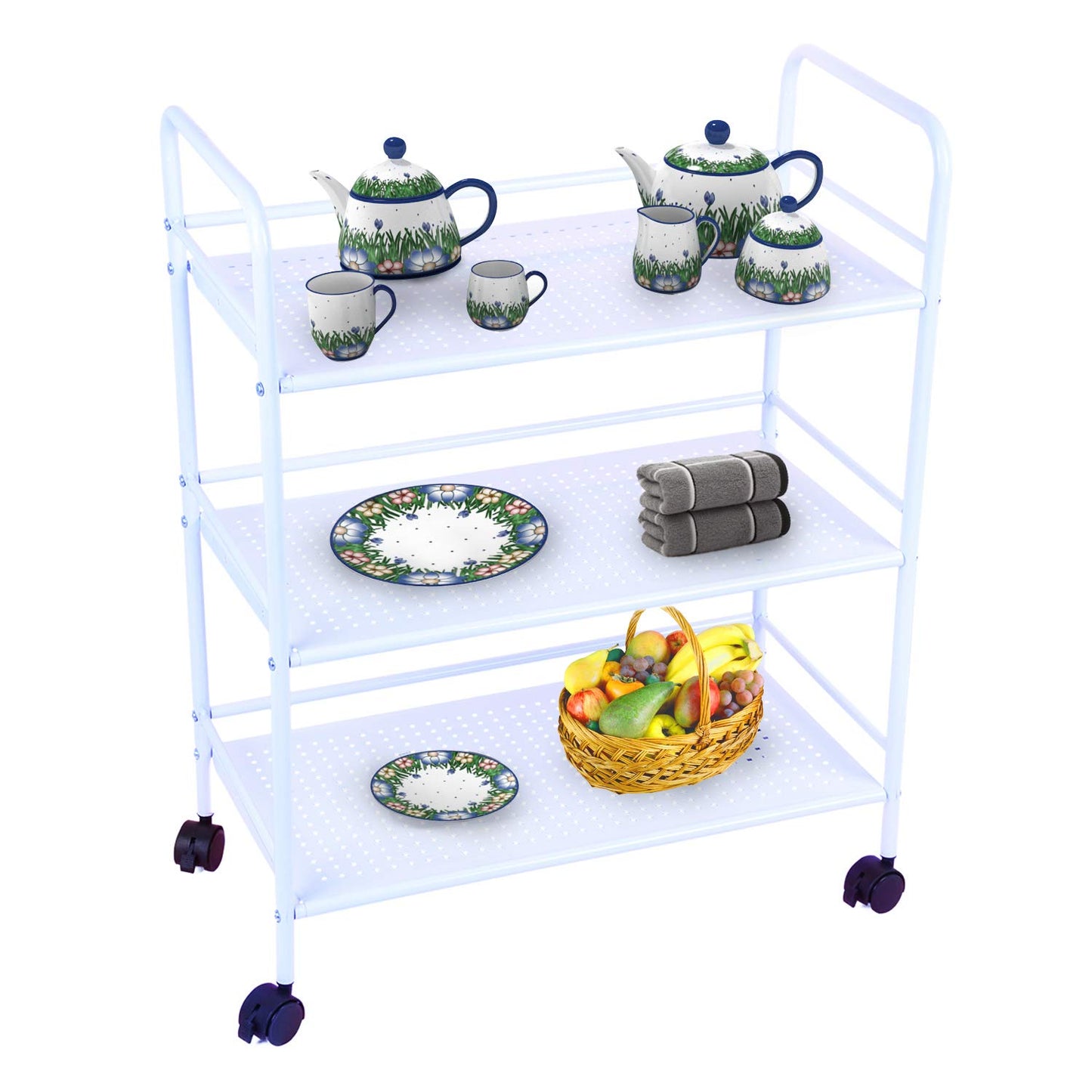 DRM 3 Tier Rolling Storage Trolley Utility Cart, Salon Beauty Trolley with Wheels, Spa System Storage Cart, White