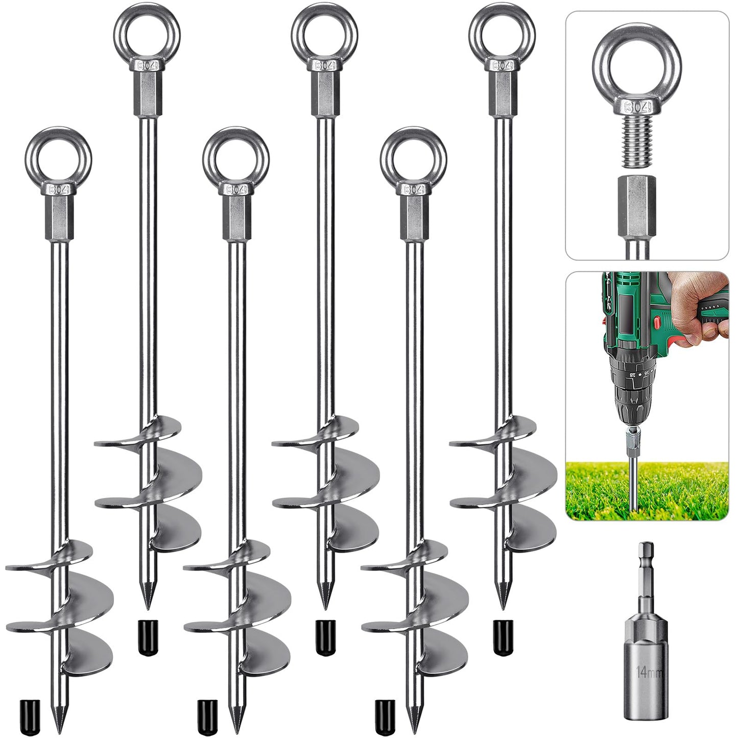 Insaga Tent Peg, 45cm Heavy Duty Ground Anchor Large Metal Earth Stake Spiral Blade Screw in Trampolines Spike for Swing Set/Camping/Shed/Dog/Carport