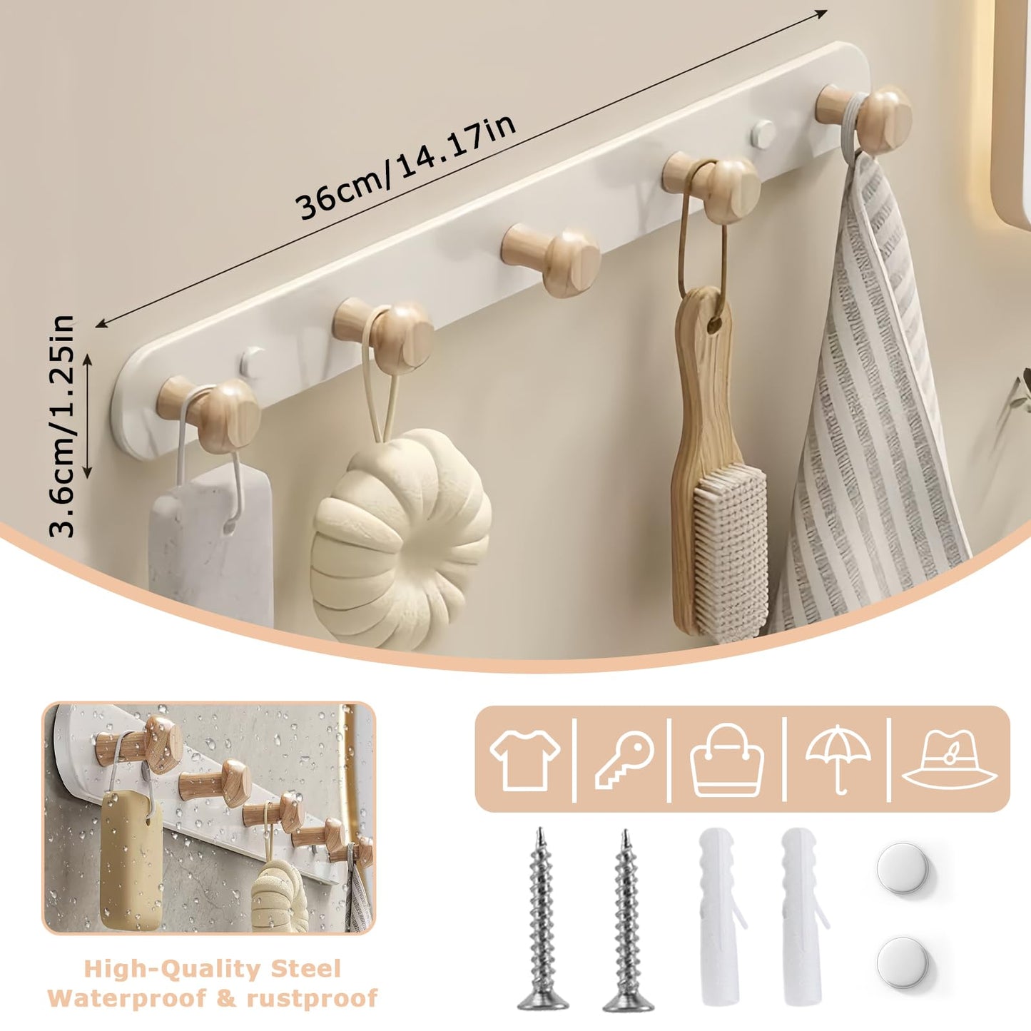 QMAHA Coat Rack Wall Mounted, Wooden Coat Rack Wood Wall Hooks Coat Hook for Wall, Wooden Coat Hooks Wall Mounted (All Fixings Included)