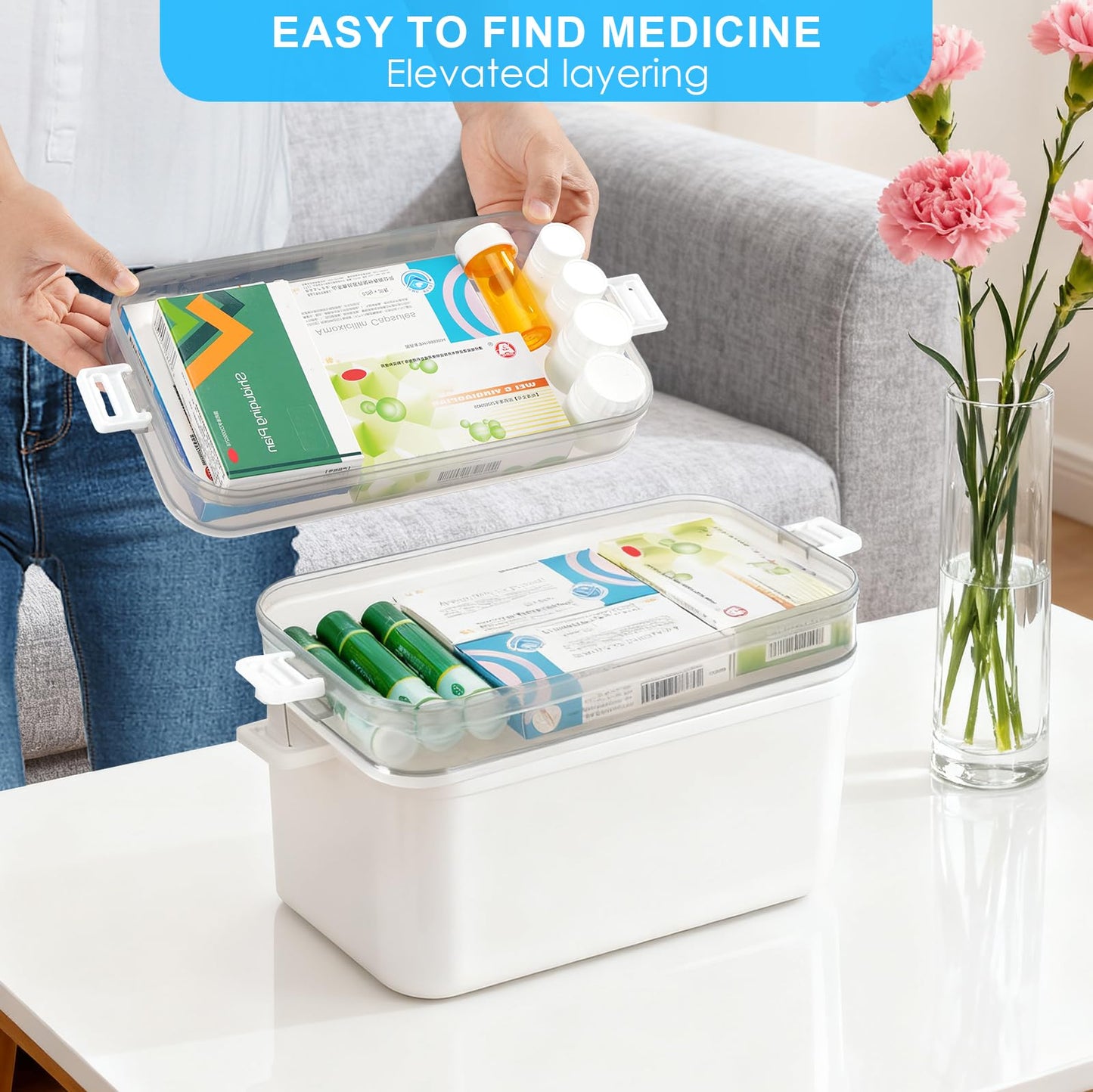 3 Layer Medicine Storage Box Organiser with Handle, Portable Medicine Container First Aid Box Empty