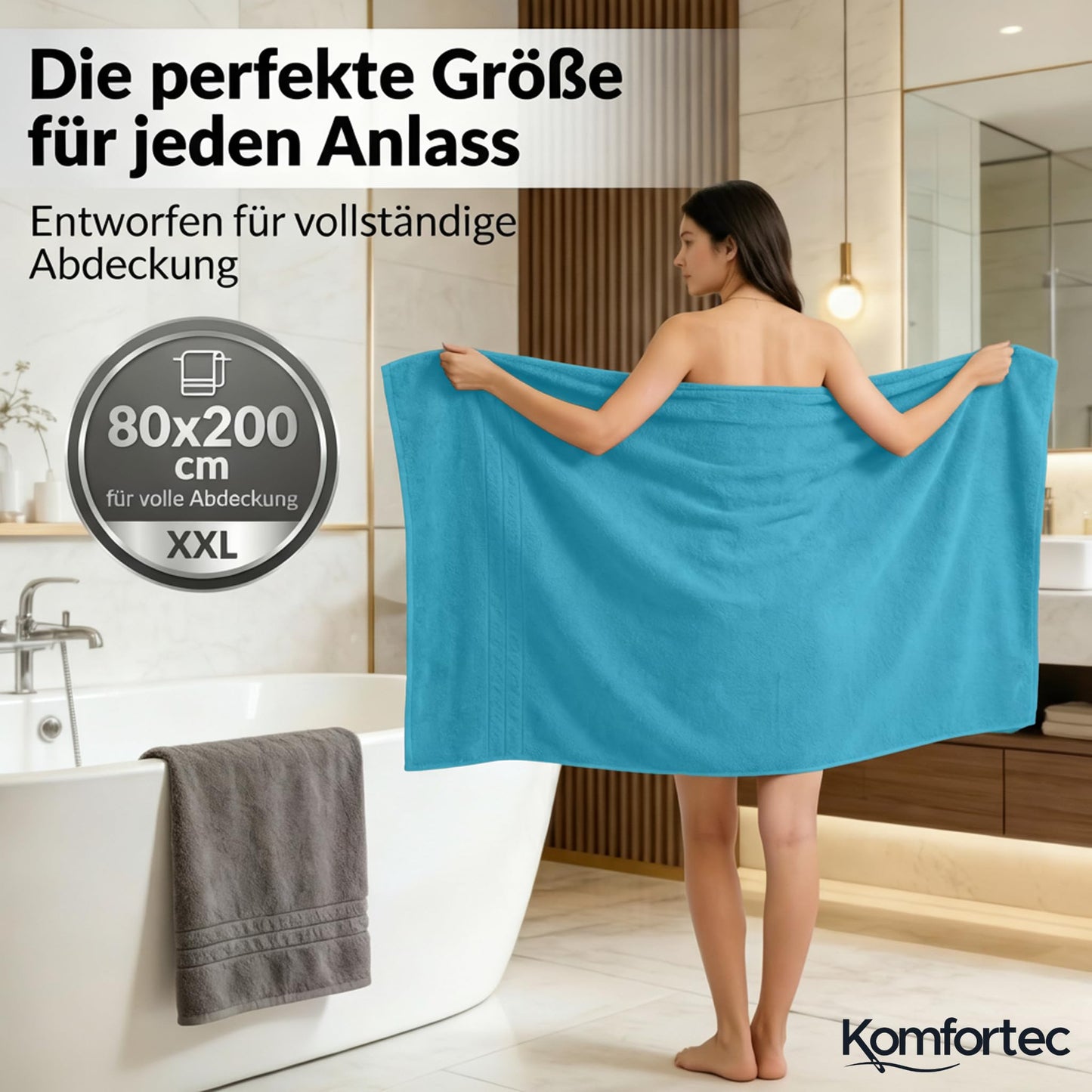Komfortec Jumbo Bath Towels, 100% Cotton, Quick Dry, 80x200, Grey & Turqoise