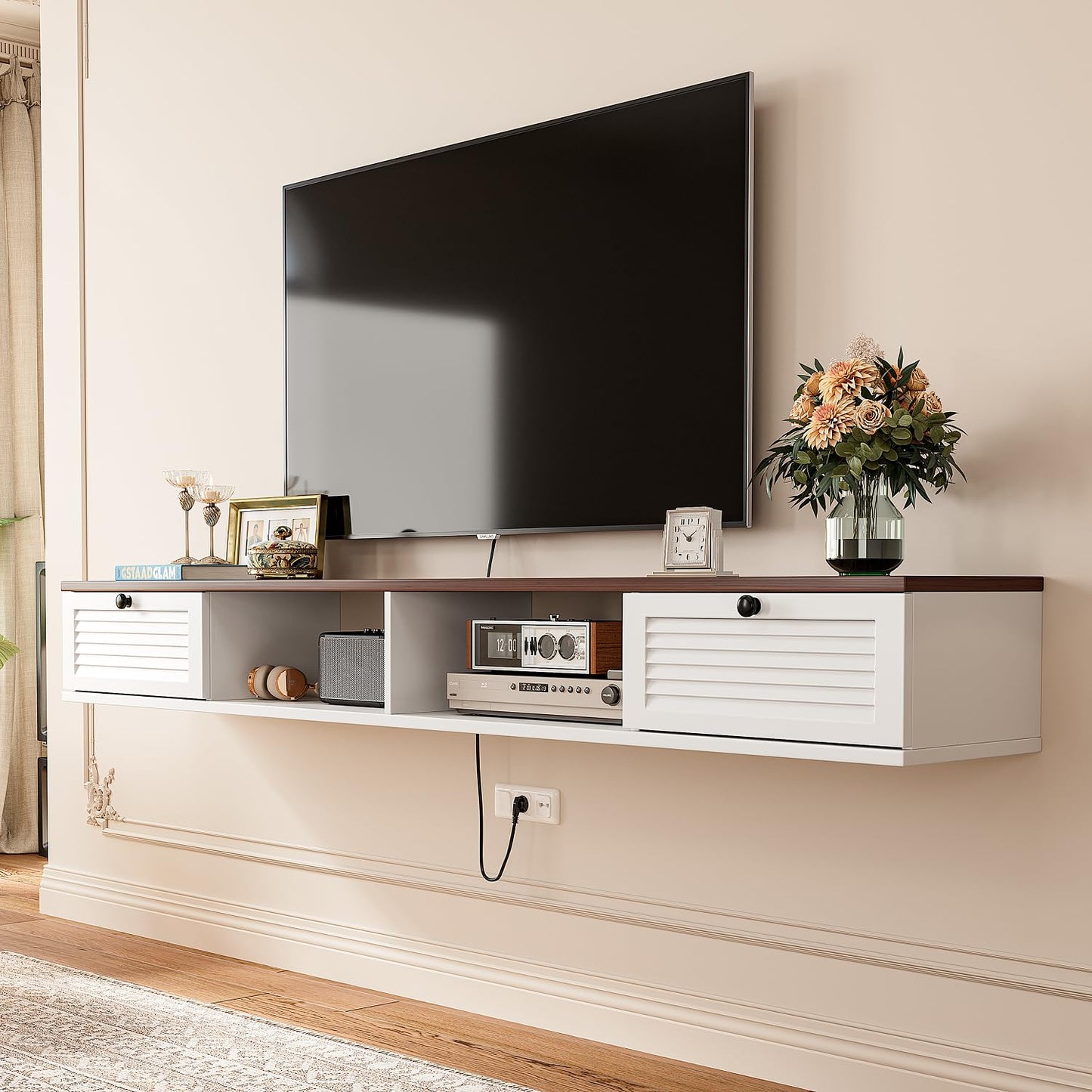 FloatiCasa 120cm Walnut & White Floating TV Unit, 2 Doors & 2 Open Cabinets