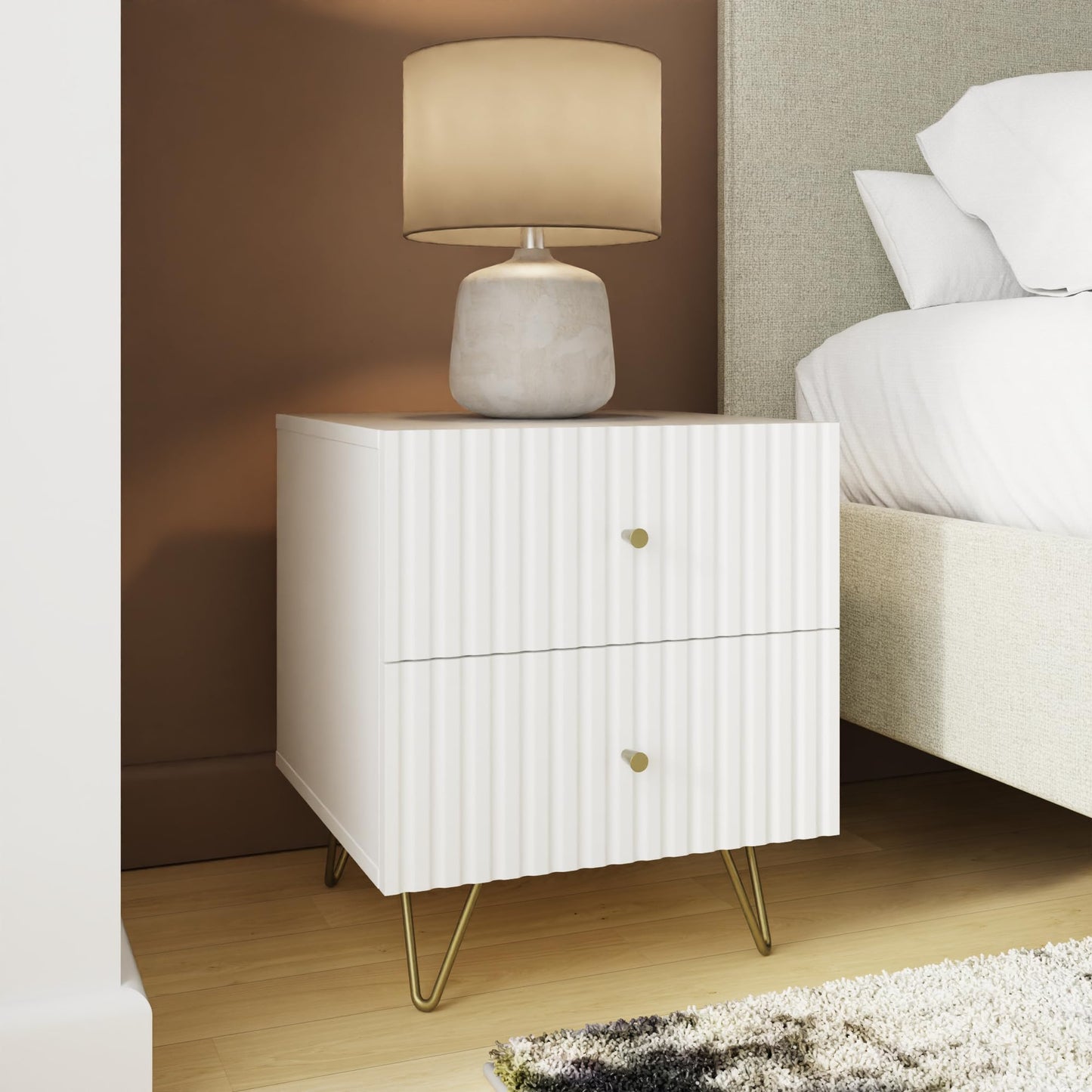 GFW Thalia 2 Drawer Bedside Table, Modern White Nightstand with Textured Finish & Hairpin Legs