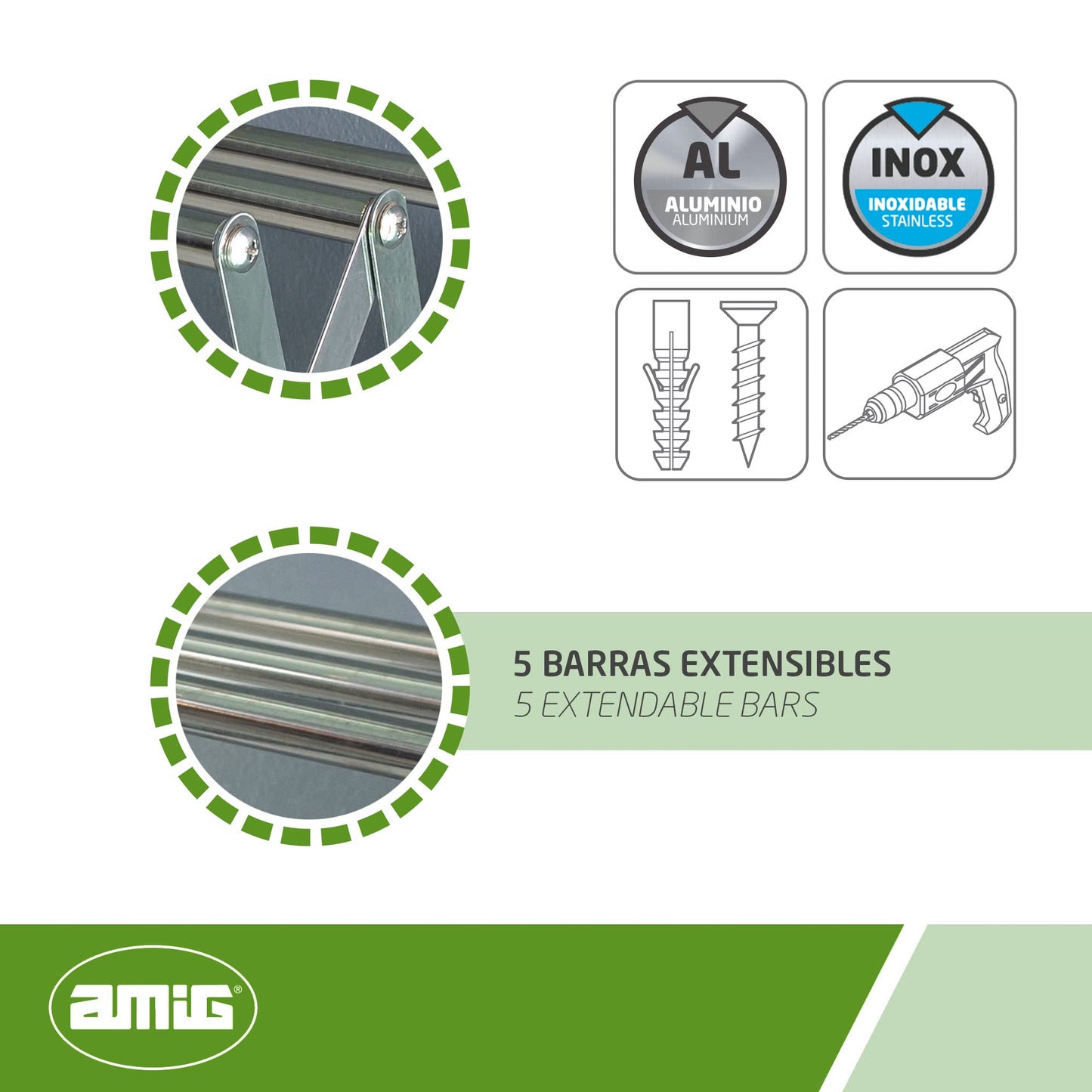 Amig - Wall Mounted Clothes Airer 80cm | Aluminium Drying Length | Extendable Clothes Line with 5 Bars | Dimensions: 80 x 14 x 3 cm | Foldable Clothes