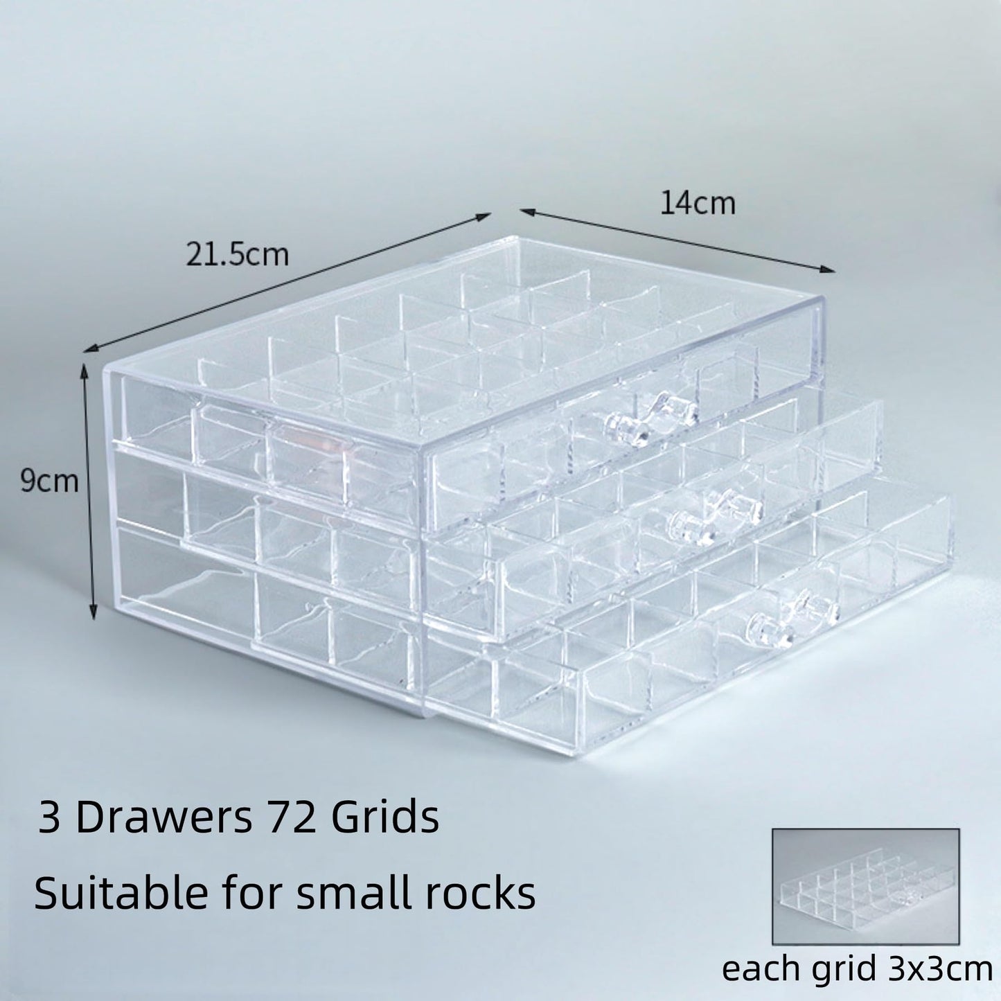 Dmnnlp Display Case for Small Rock , 3 Drawers 72 Grids(3x3cm), Clear Acrylic Rock Collection Box, Display Boxes for Collectables