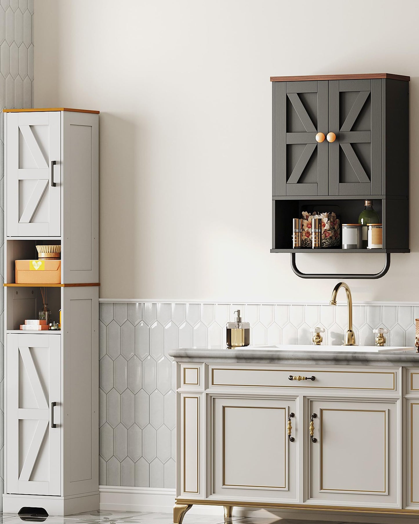 CHOEZON Bathroom Wall Cabinet, Medicine Cabinet with Open Partition and Towel Bar, Rustic Storage Cabinet with Open and Hidden Storage Space