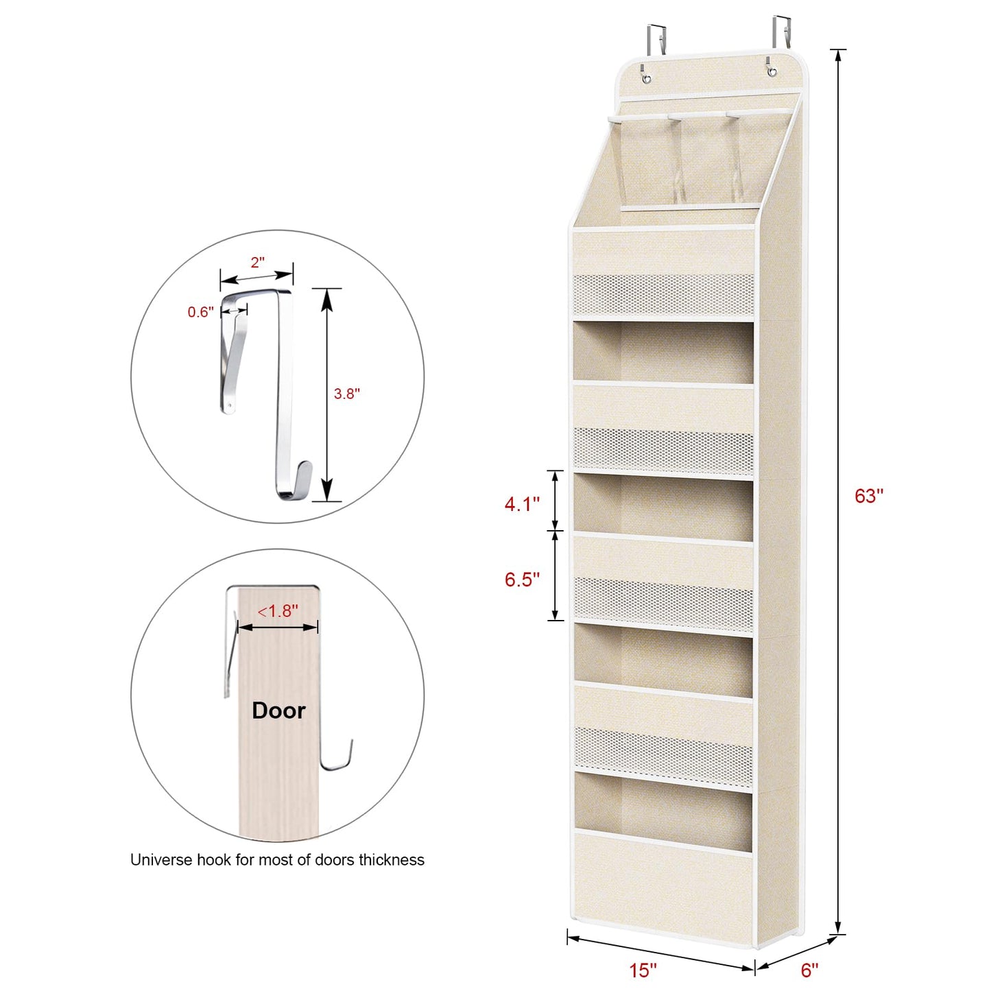 Univivi 6-Shelf Over Door Hanging Organizer Fabric Door Storage with 5 Large Pockets and 3 Small PVC Pockets Wall Mount Hanging Storage Organizers