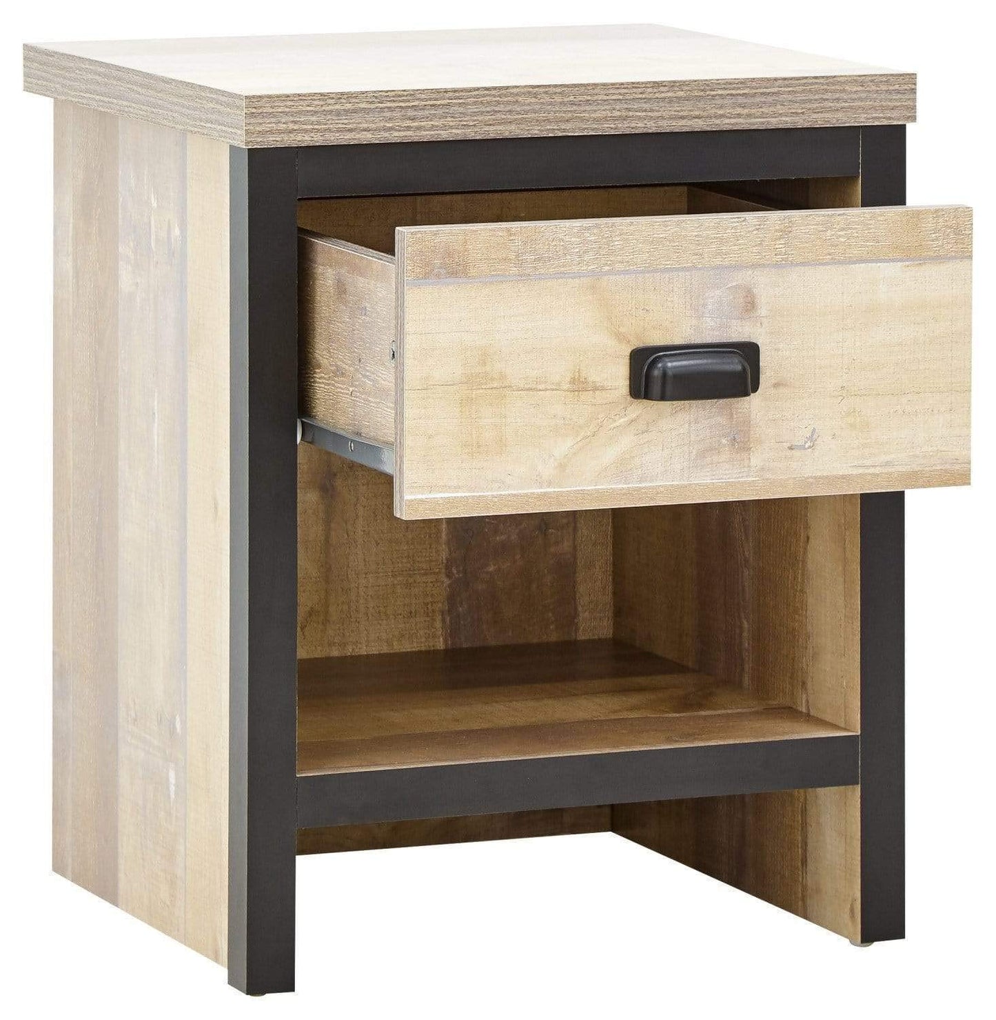 GFW Boston Lamp Table with Drawer, Industrial Side Table with Black Metal Handle, Oak Effect Finish and Contrasting Frame, Living Room End Table