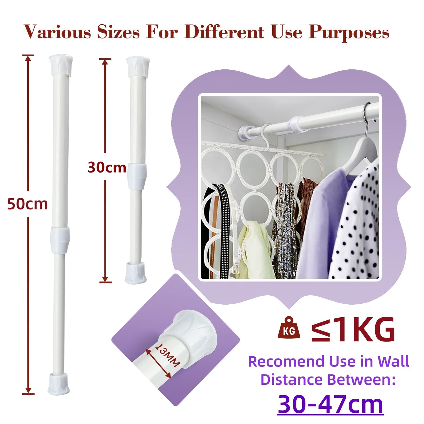 Extendable Curtain Pole Telescopic Curtain Rod Tension Pole,Length 30-50cm