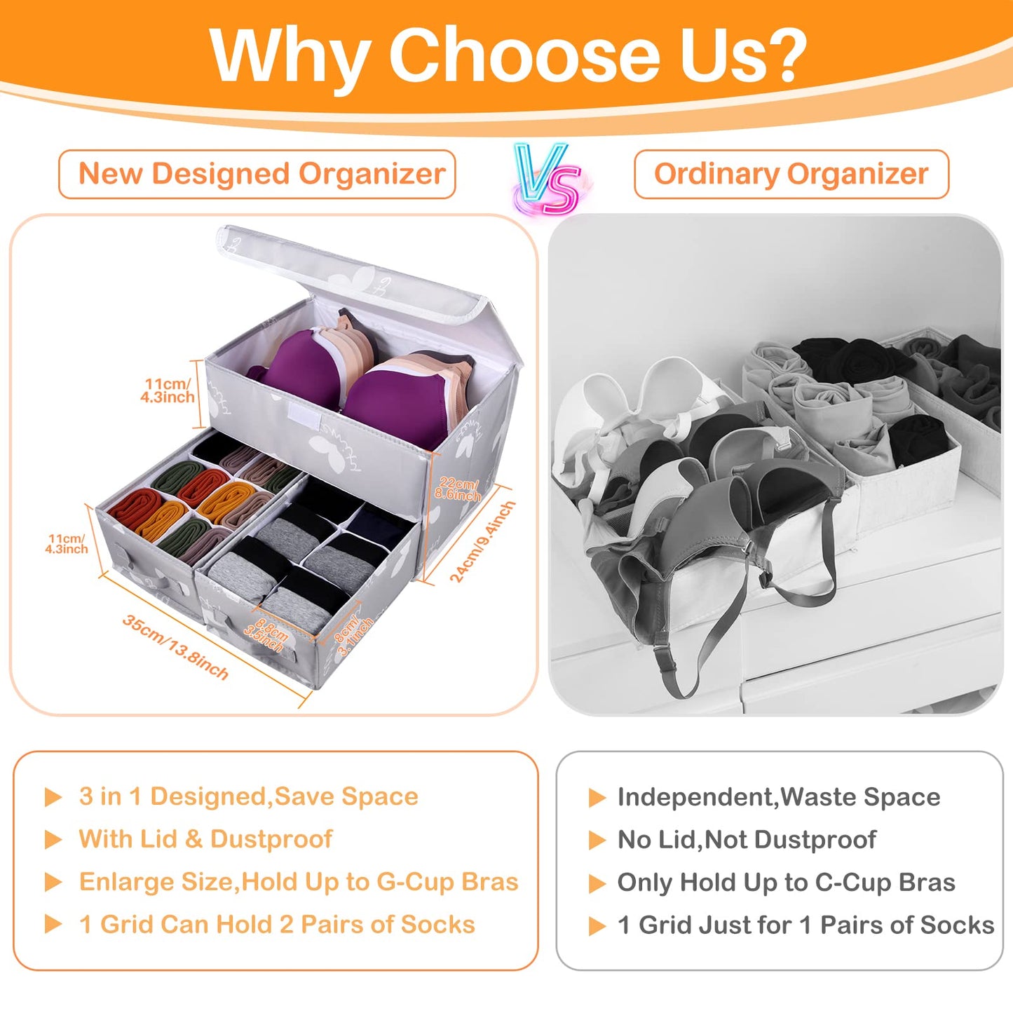 EASEVE Sock Underwear Drawer Organiser with Lid - Wardrobe Clothes Storage Boxes with Dividers, Foldable Fabric Closet Organizer for Bra, Sock, Shirt