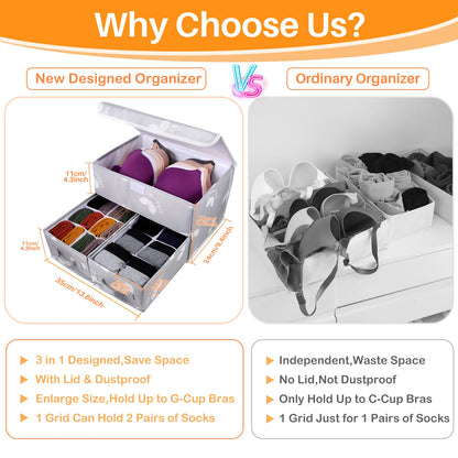 EASEVE Sock Underwear Drawer Organiser with Lid - Wardrobe Clothes Storage Boxes with Dividers, Foldable Fabric Closet Organizer for Bra, Sock, Shirt