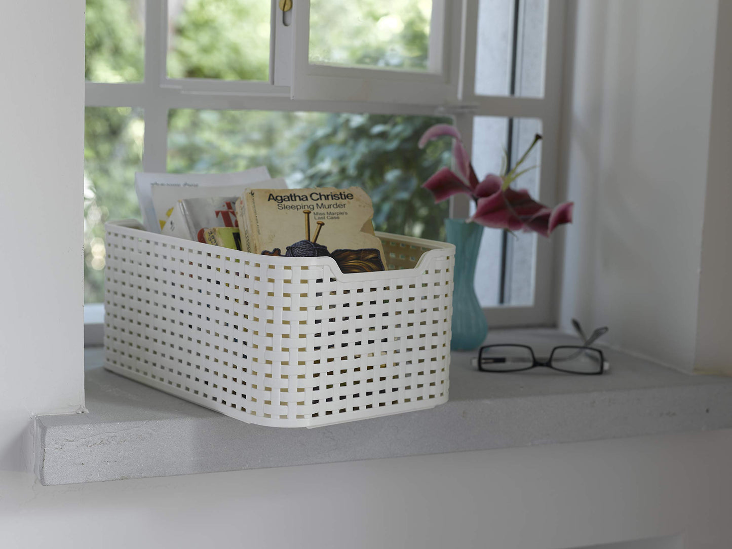 CURVER Style Rattan Effect Kitchen, Living room, Bathroom, Bedroom, Utility Small Rectangular Storage Basket 6 Litres - White