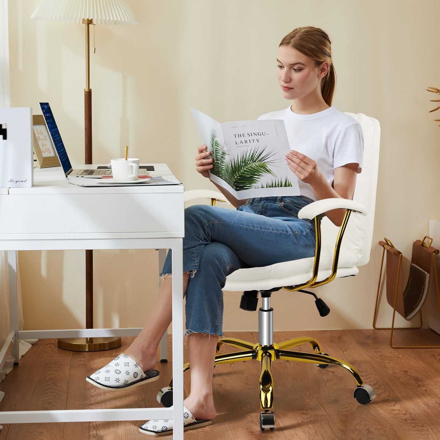 KLASIKA White Leather Office Chair with Gold Legs, Adjustable Height Home Desk Chairs with Padded Seat & Arms