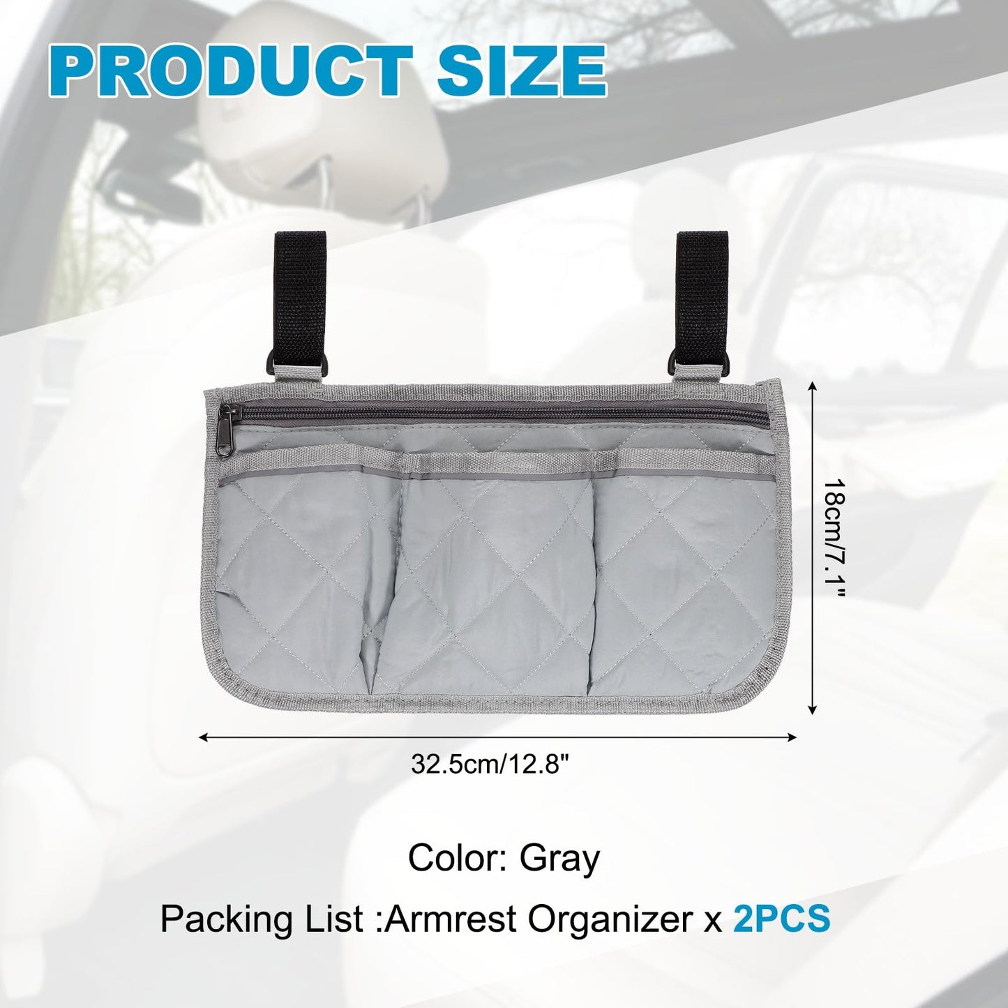 YELARXI Beach Chair Armrest Bag, Beach Side Bag Hanging Storage Organizer with Reflective 4 Pockets Waterproof Pouch 13 x 7" & 2Pcs & Gray - Fit for