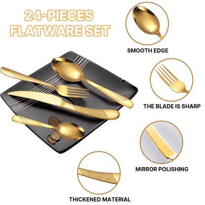 Gilded Silverware Set, 24 Piece Cutlery Set with Holder, Service for 6, Mirror Polished Tableware Set for Home Kitchen, Dishwasher (Gold)