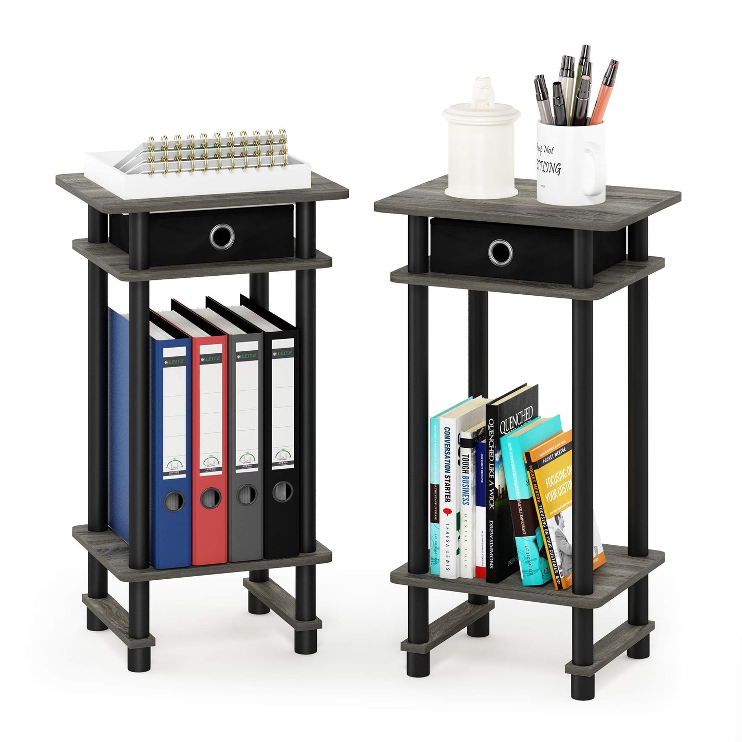 Furinno TURN-N-TUBE Side Table Set of 2, 3-Tier End Table with Storage Bin, Open Shelf Night Stand, Bedside Table, for Living Room, Bedroom