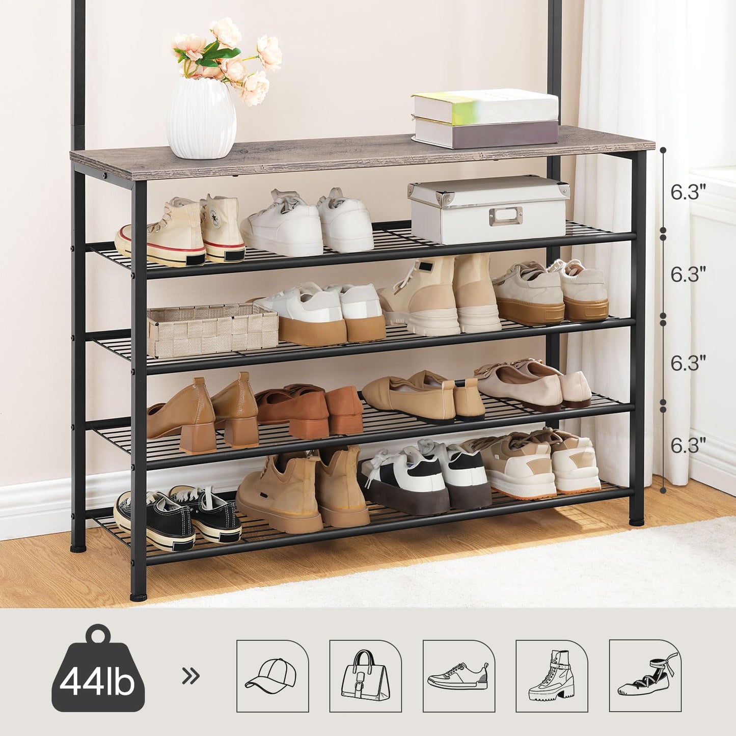 HOOBRO Coat Stand, Coat Rack with Shoe Storage, Free Standing Hall Tree with 9 Hooks, Shoe and Coat Rack for Hallway, Entryway, Metal Frame, Sturdy