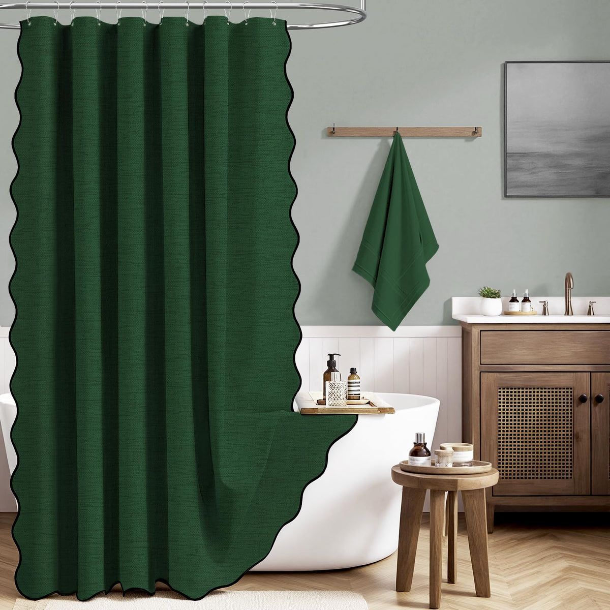 BTTN Narrow Scalloped Shower Curtain, Waterproof, 93x183cm, Emerald Green