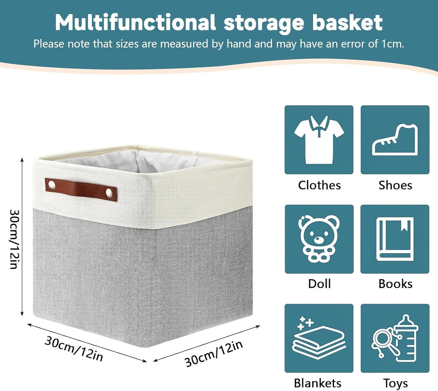 Malloom 6 Pack Fabric Cube Storage Boxes 30x30x30, Square Grey Storage Basket with Handles