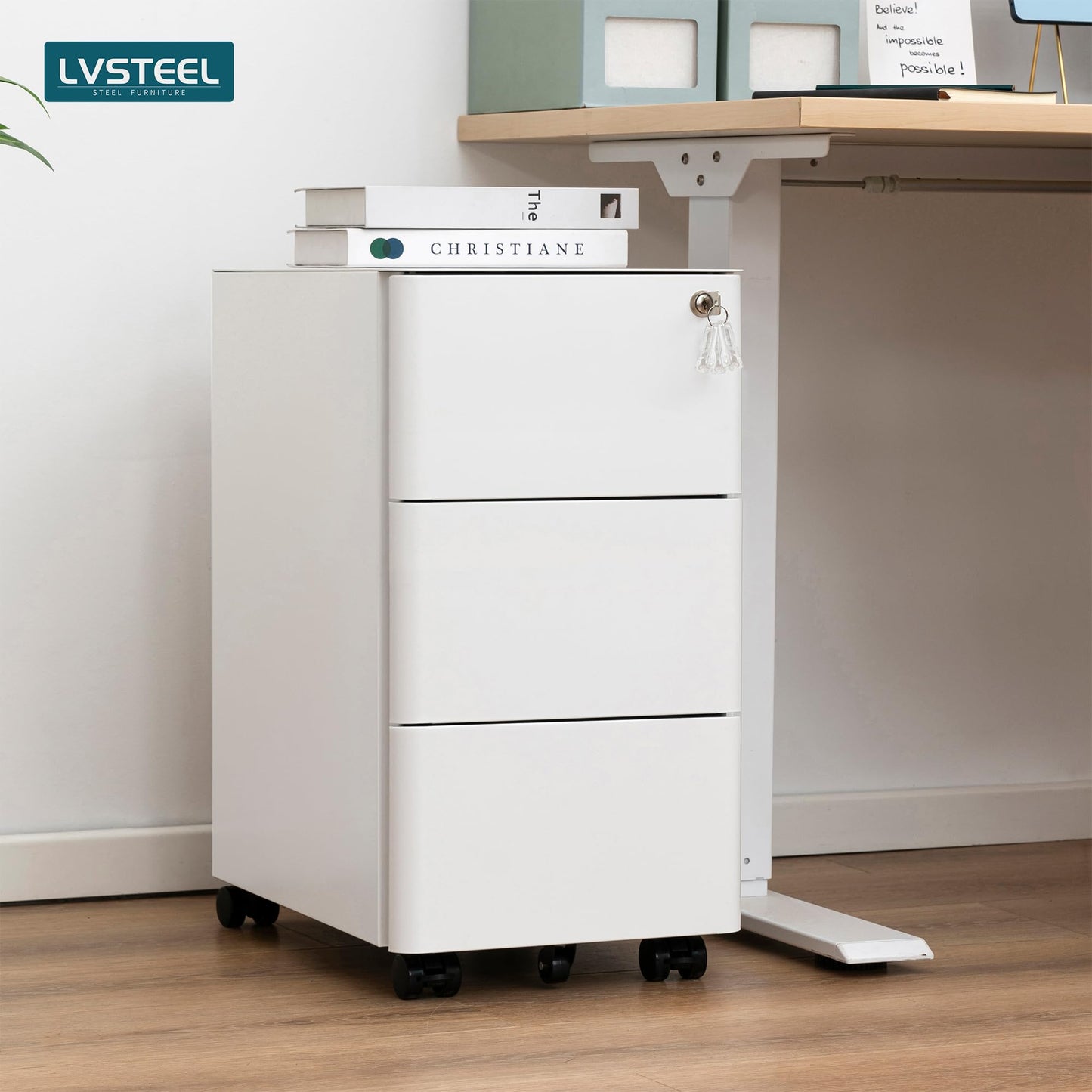 LVSTEEL Lockable 3-Drawer Metal Filing Cabinet on Wheels, Fully Assembled Mobile Office Storage, Filing Cabinets for Home Office, Fits Under Desk