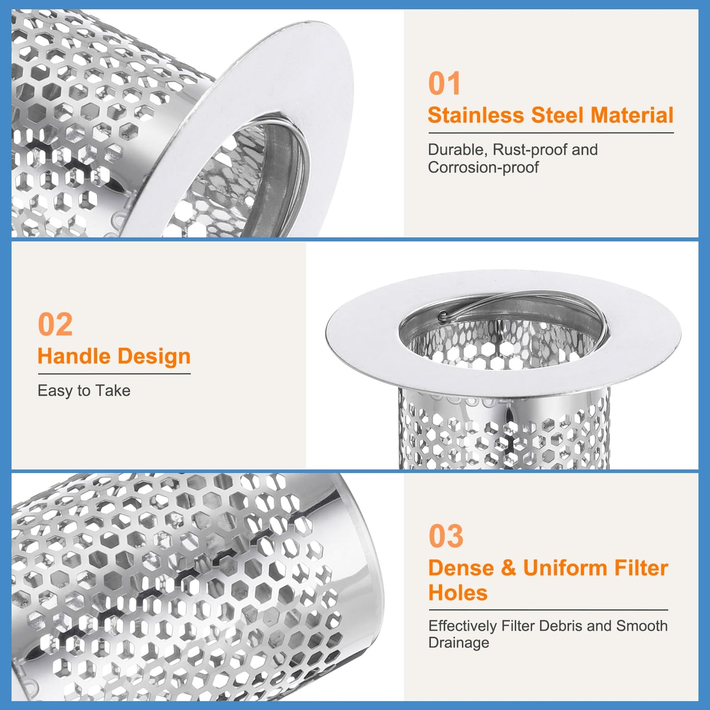 sourcing map 4 Pack Shower Drain Strainer, 2" x 2.6" 304 Stainless Steel Floor Drain Strainer Deep Sink Hair Catcher for Kitchen Bathroom Balcony