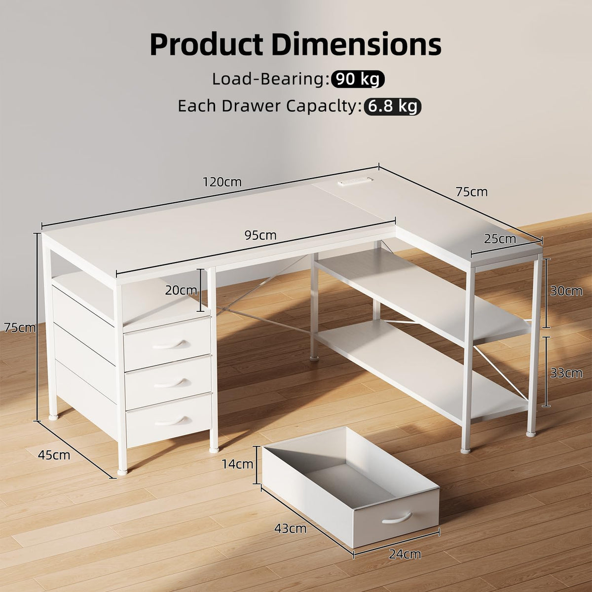 CAIYUN 120cm Corner Desk with Drawers, Reversible L shaped Computer Desk with Power Outlet, Home Office Desk with USB Charging Port, White