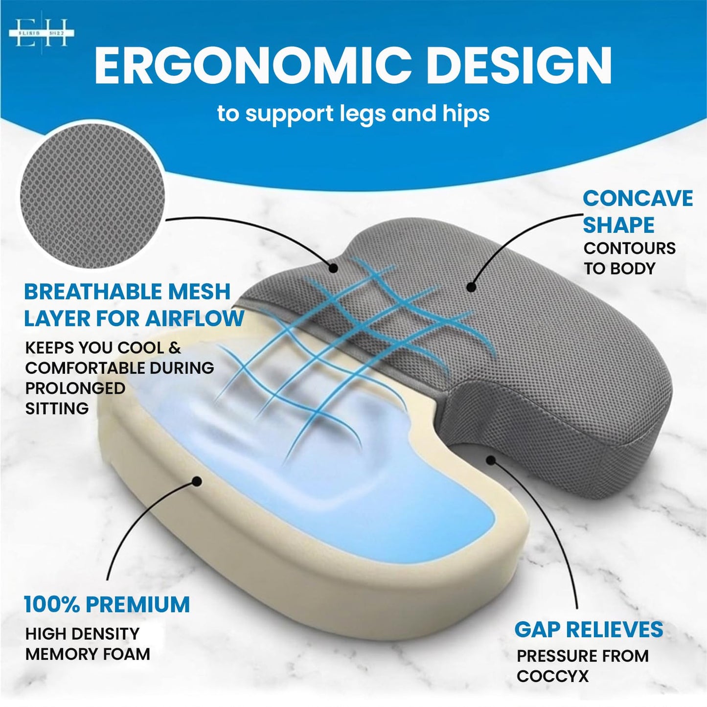 ELIXIR HIVE 2-Piece Orthopaedic Memory Foam Cushion Set – Coccyx & Sciatica Support (Grey)