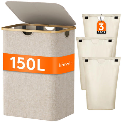 Lifewit 150L Laundry Basket with Lid 3 Compartments, Large Washing Basket with Removable Laundry Bags and Bamboo Handles, Clothes Hampers for Laundry,
