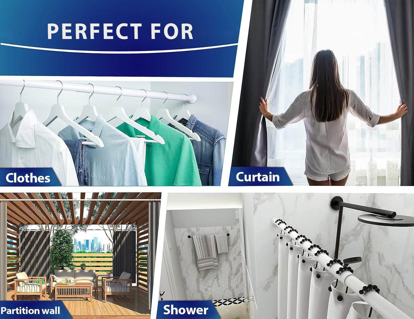 MEISENBERG Tension Rods for Curtains White, Extendable Curtain Poles 210-260 cm - Ø 32 mm Diameter, Heavy Duty Tension Pole No Drilling