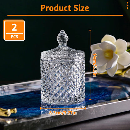 AMJKEJI 2 Pcs Cotton Bud Holder Organizer Home Decor Clear Glass Storage Jars with Lid Sweet Jars Bathroom Accessory Makeup Vanity Cotton Balls Wool