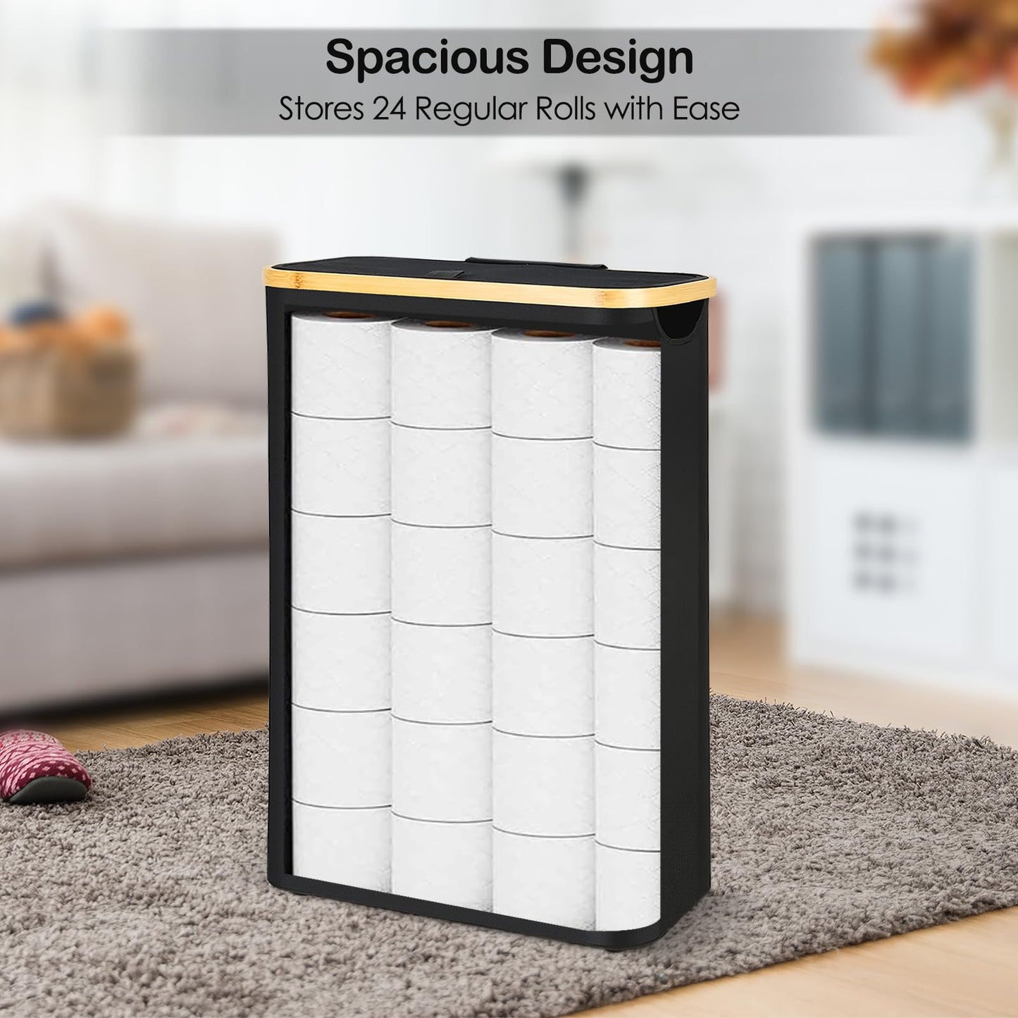 Toilet Roll Storage, 50L Toilet Paper Storage for up to 24 Rolls, Multifunctional Large Basket with Side Window, Bathroom Organizer Bin with Lid