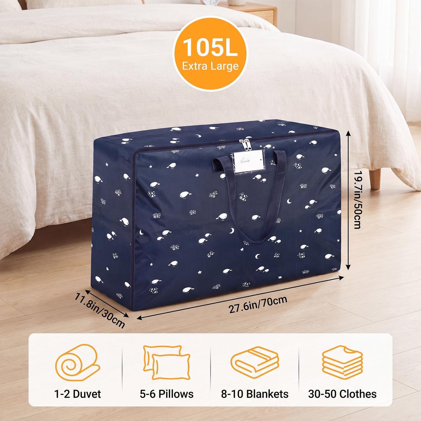 2 Pcs 105L Large Moving Bags Oxford Fabric Storage Bags with Zips, Blue