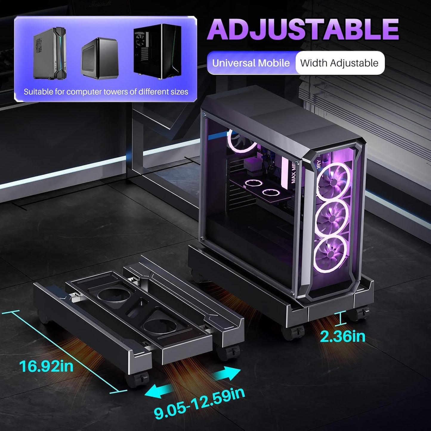 Pc Stand with Fan, Adjustable computer tower stand, Cpu Stand with 4 Rolling Caster Wheels,Fits Most PC Under Desk-Black