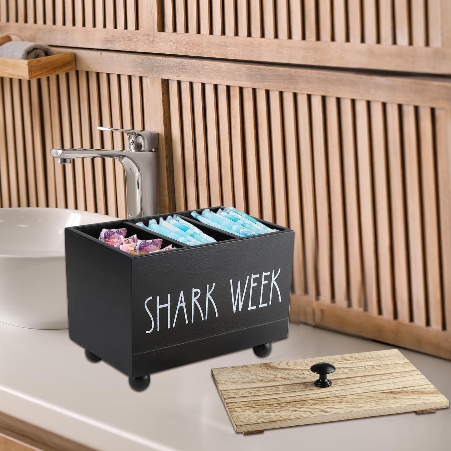 Gzsekken Tampon Holder for Bathroom with Lid,Shark Week Period Box Sanitary Products Organiser for Bathroom