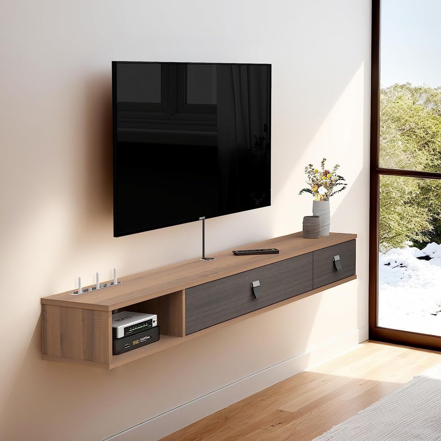 Pmnianhua Floating TV Unit, 47'' Wall Mounted TV Cabinet, Floating Shelves with 2 Doors