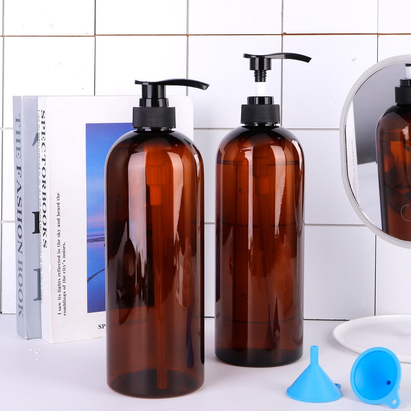 Partideal Pump Bottle Dispenser, 2 Pcs 1000ml/35.2oz Refillable Empty Plastic Amber Bottles