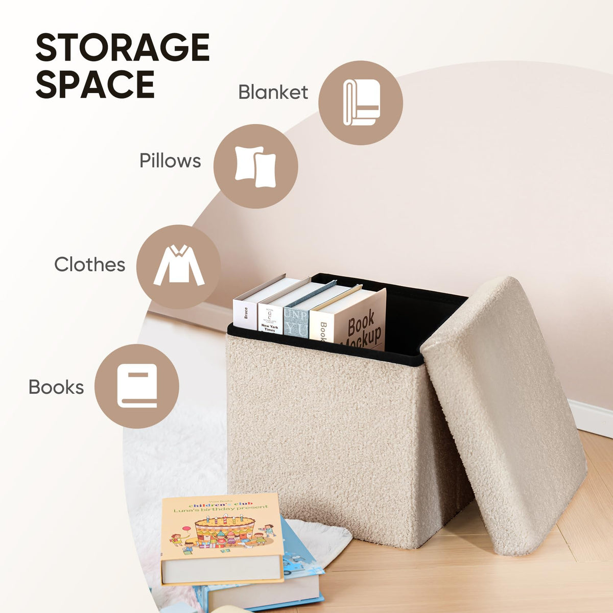 Bonlife Small Folding Storage Ottoman, Foot Rest Stool Seat Sherpa Ottoman with Storage for Bedroom,Living Room,Beige,32X32X32cm