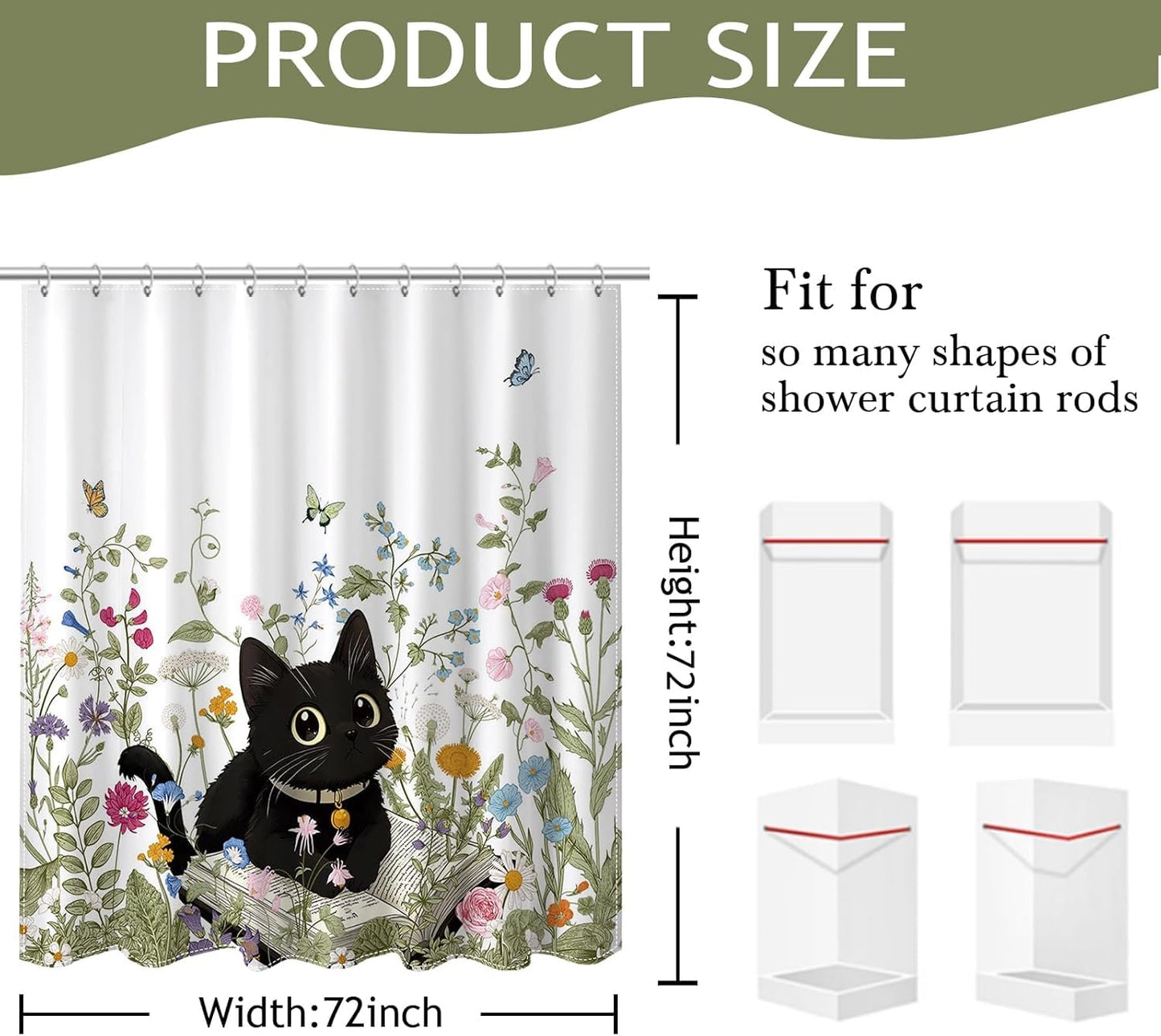 Avezano Cat Shower Curtain Cute Black Cat Floral Bathroom Shower Curtain Flower Kids Waterproof Fabric Shower Curtains Bathtub Decor with 12 Hooks 72