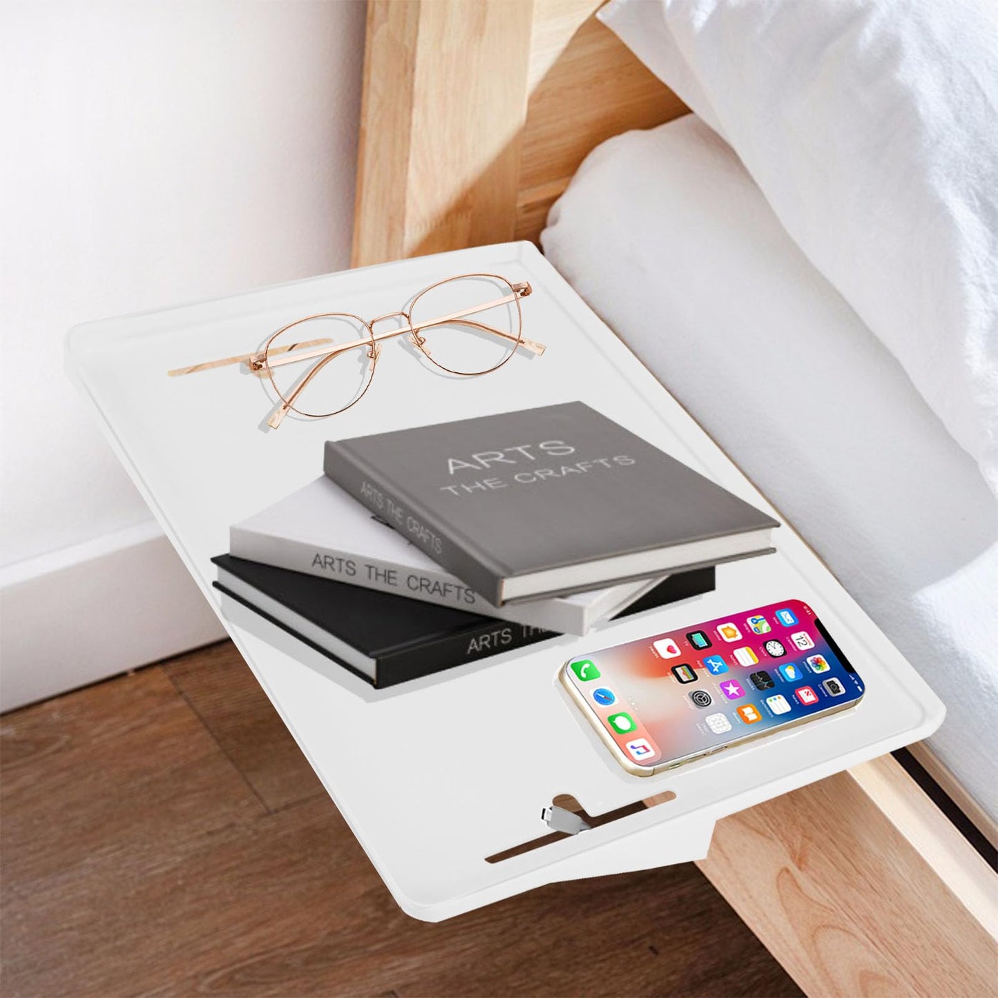 TUAKIMCE Bedside Shelf for Bunk Beds, Clip-On Nightstand Tray Organizer for Top Bunk Bed Shelf College Dorm Room Essential Bedside Storage with Cable