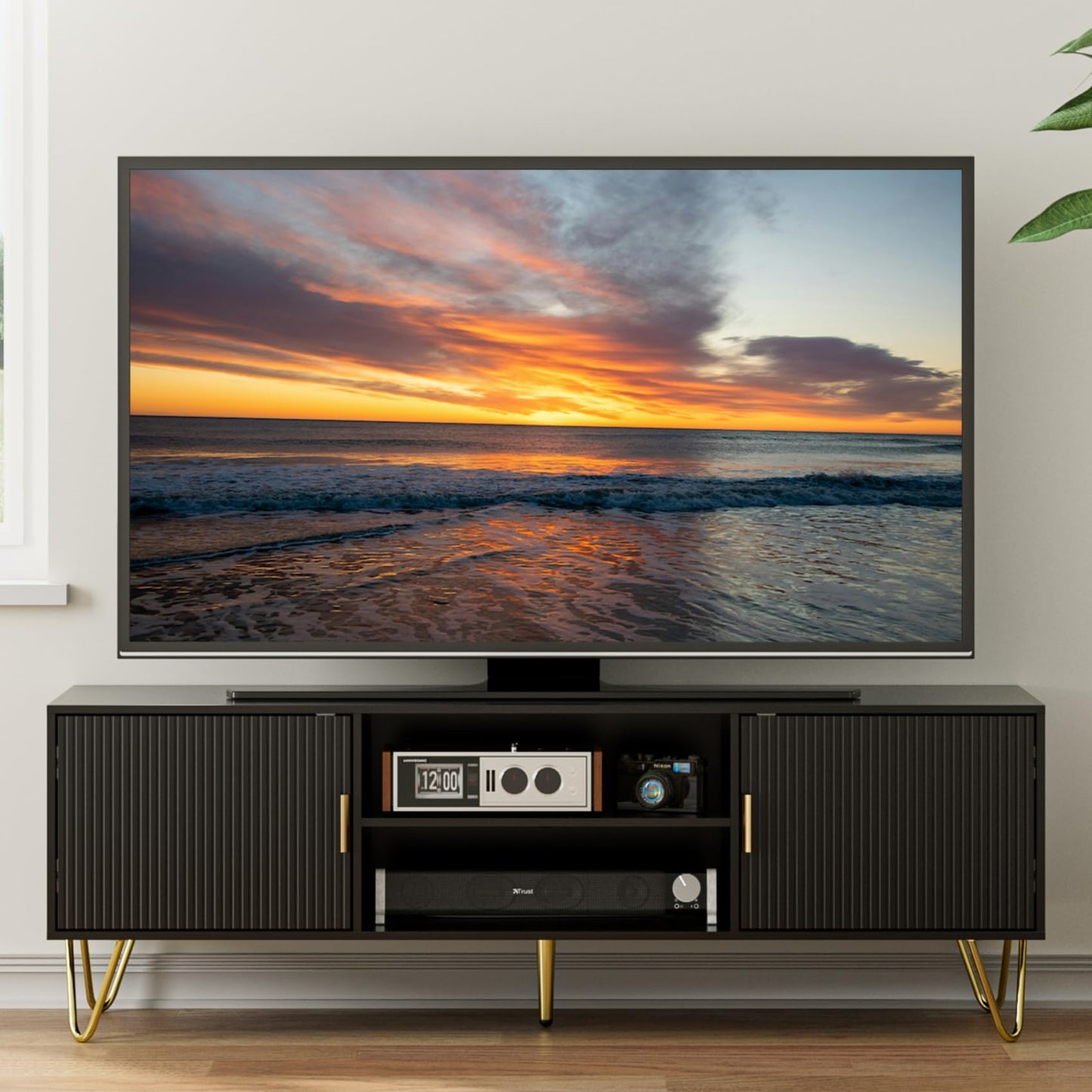 HEYZOEY Black Fluted TV Stand, 2 Cabinets, Gold Legs, for TVs up to 65 in