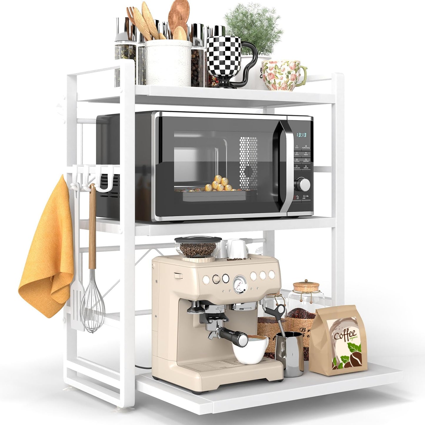 BeSokar 3-Tier Microwave Rack - Height Adjustable & Extendable Kitchen Shelf with Drawer - Made of Carbon Steel