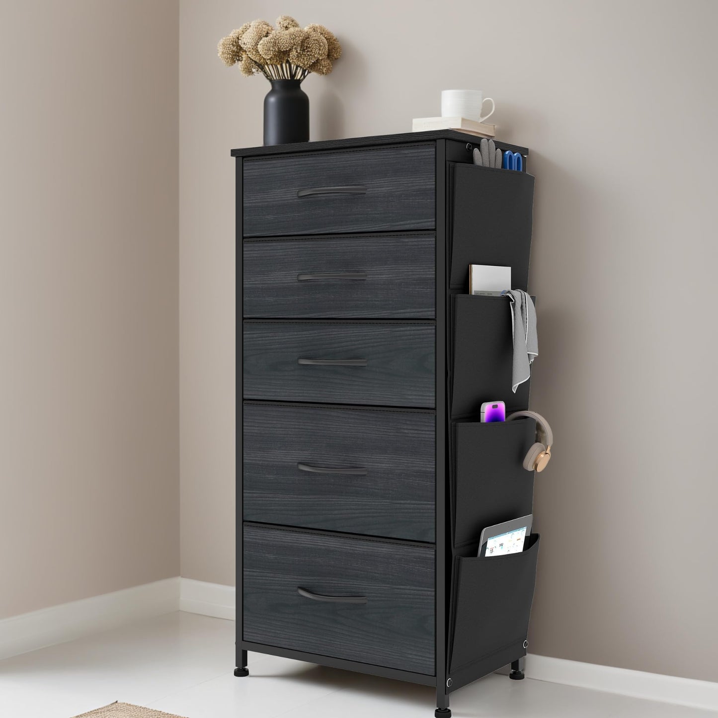 YITAHOME Narrow Chest of Drawers with 5 Drawers, Fabric Drawers with Side Pocket&Hooks,Sturdy Steel Frame,Storage Drawers for Bedroom