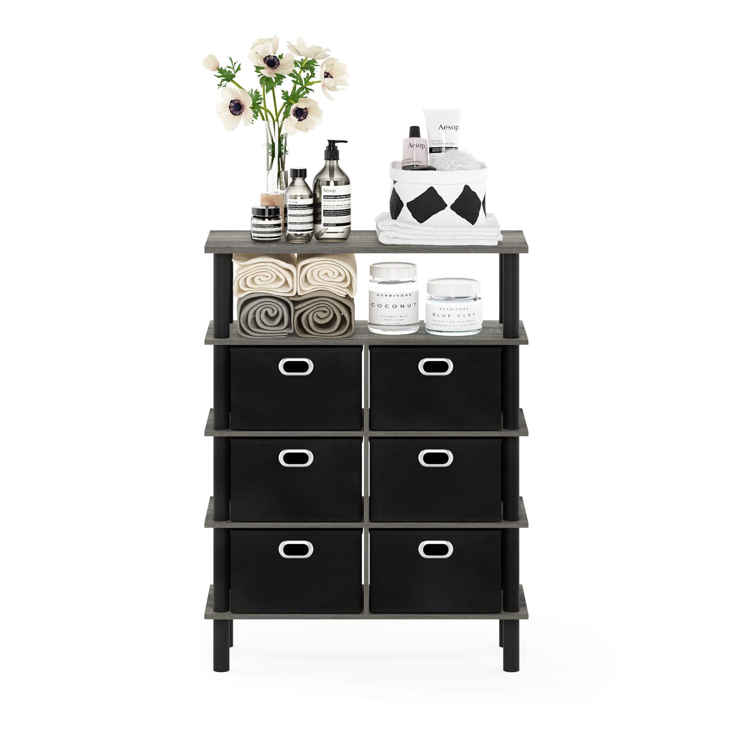 Furinno FRANS Entryway Table, 4-Tier Toolless Assembly Console Table with Drawer Storage Bins, Open Shelf Sofa Table, Side Table, for Living Room