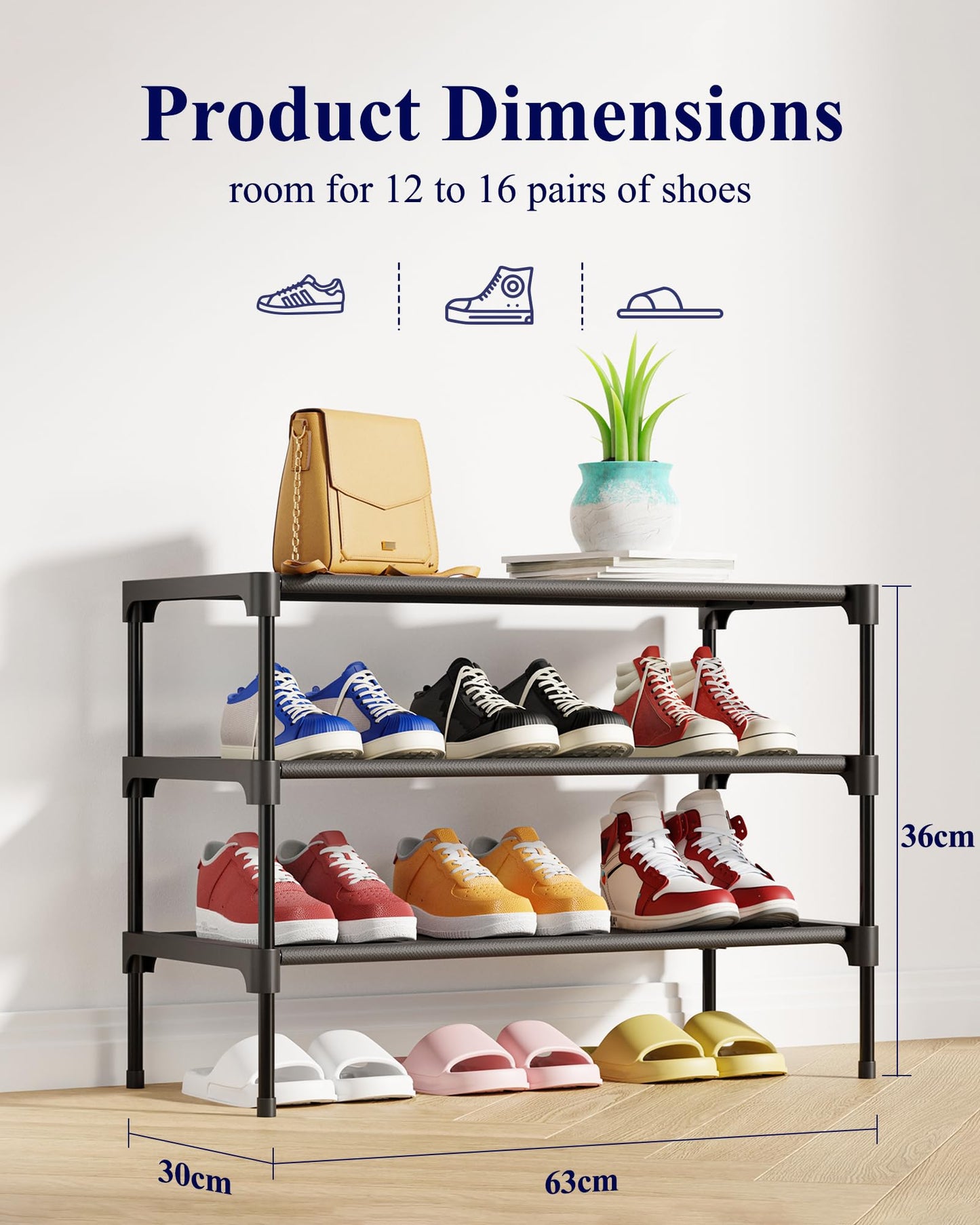 Kitsure Premium Non-Woven Shoe Rack Shelf, 63 x 30 x 39 cm, Black