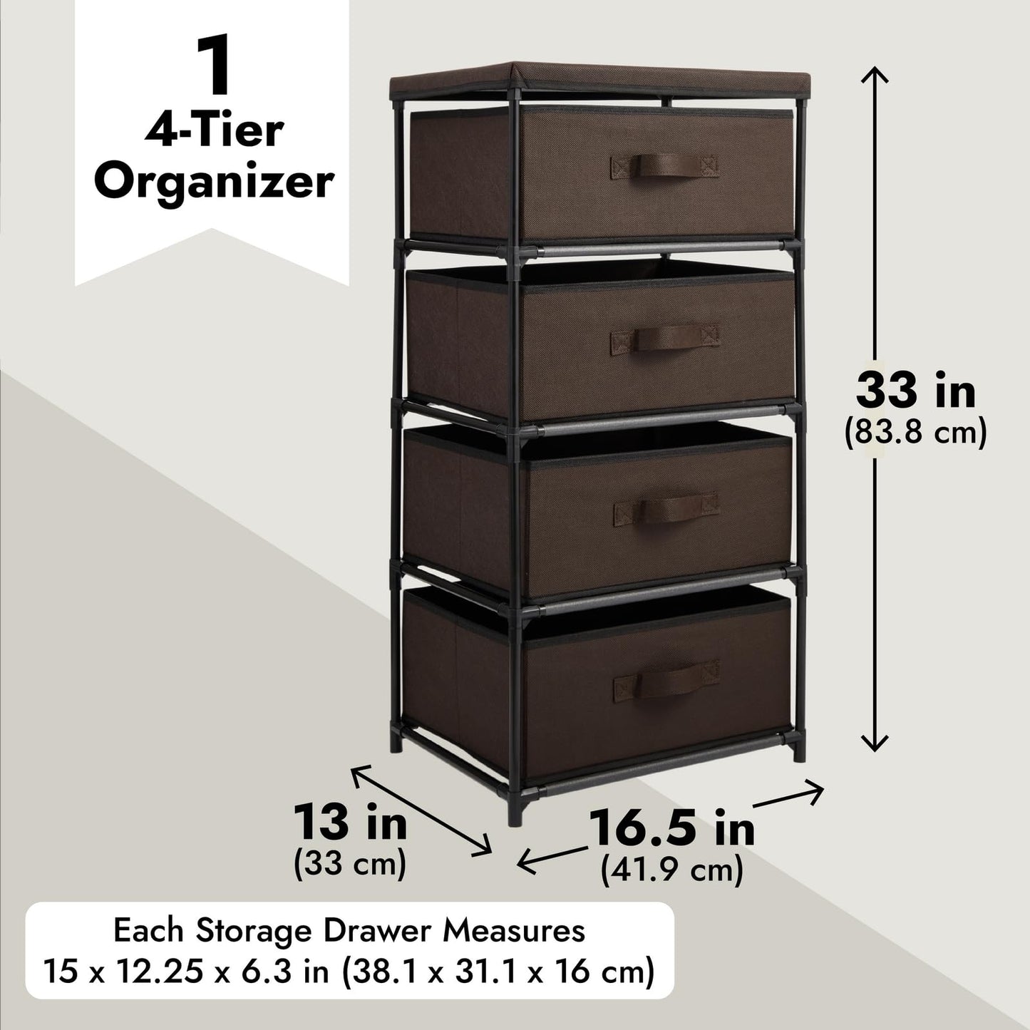 Juvale 4 Drawer Dresser for Bedroom, Clothes Organizer Fabric Storage Tower for Clothing, Linens, Closet (Dark Brown, 16.5 x 33 in)