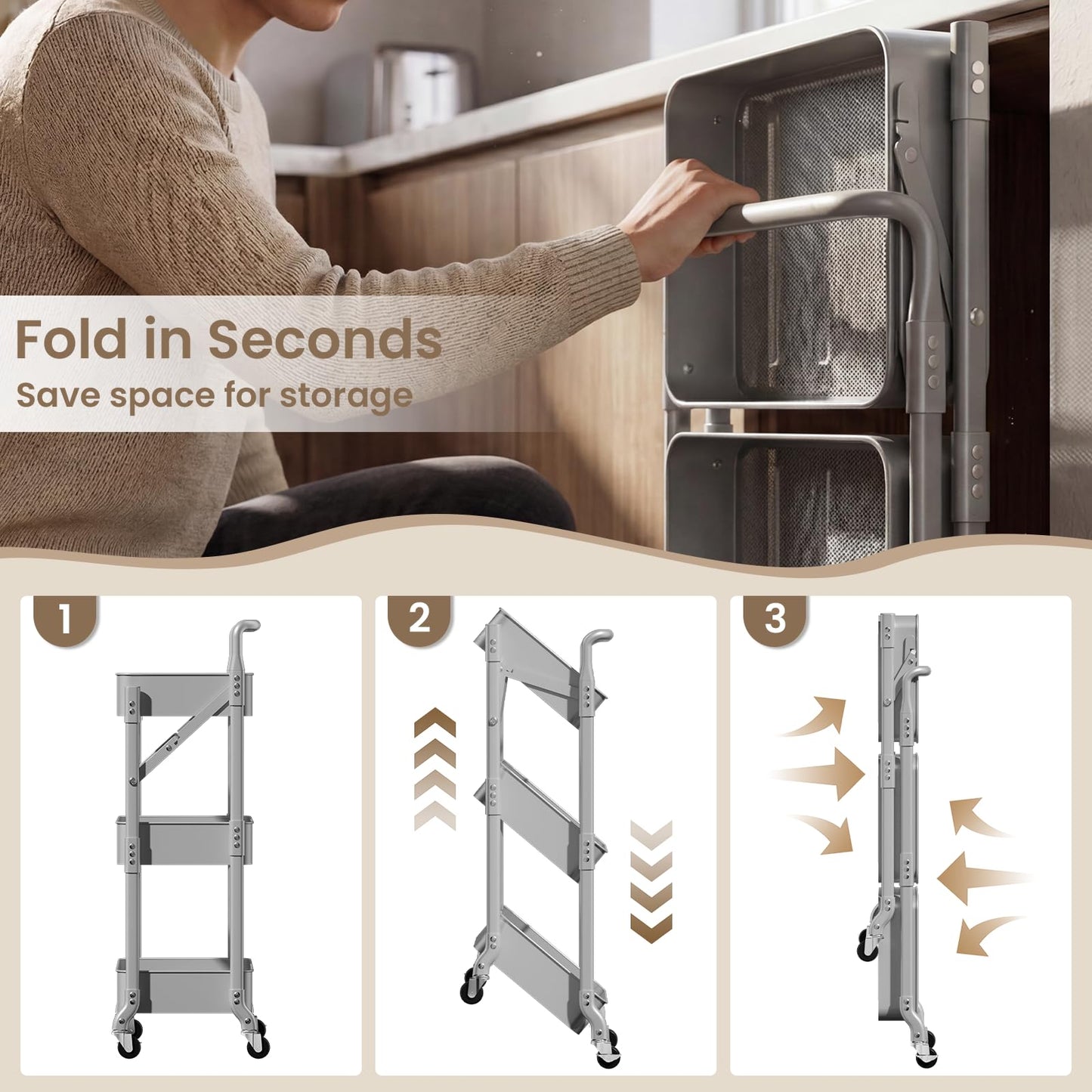 Shrivee 3-Tier Foldable Metal Organiser - Shelf Cart on Wheels, Grey