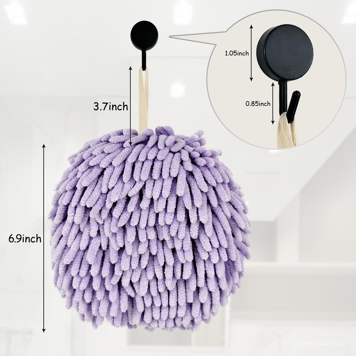 Fuzzy Ball Hand Towels, Set of 2, Chenille Quick Dry, 6.9inch(Purple)