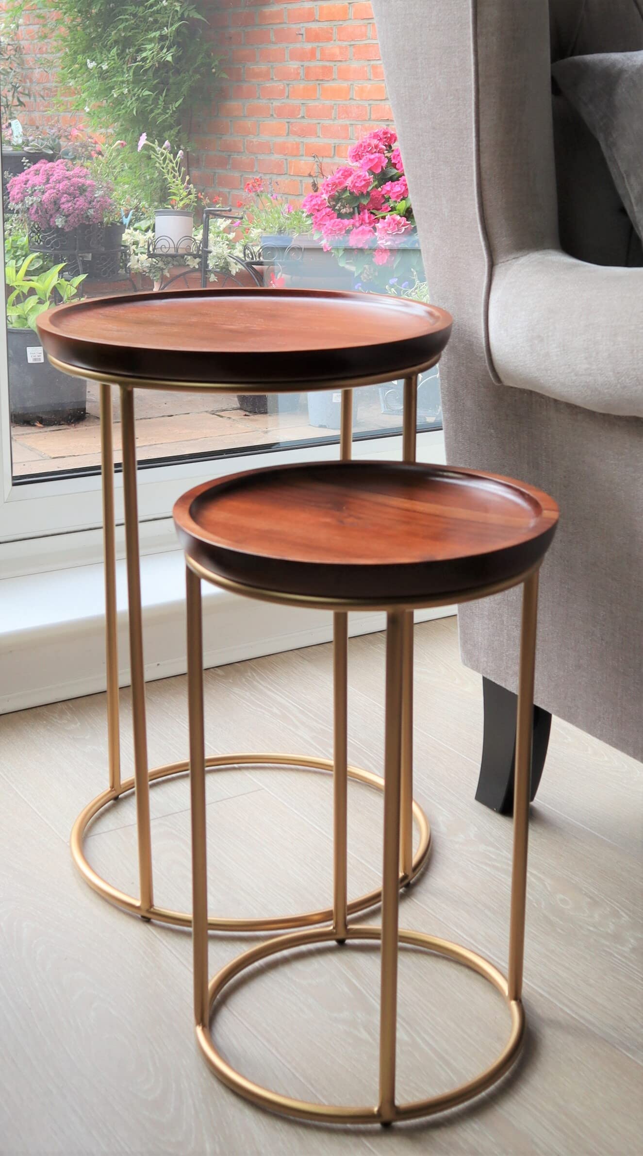 ASPECT Delphyne Wooden Round Nest Of 2 Tables With Metal Legs (Brown/Gold)